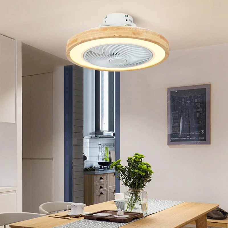 220V Solid Wood Ceiling Fan Light Stepless Dimming Modern LED Lamp for Bedroom Kids Room, Remote + APP Control