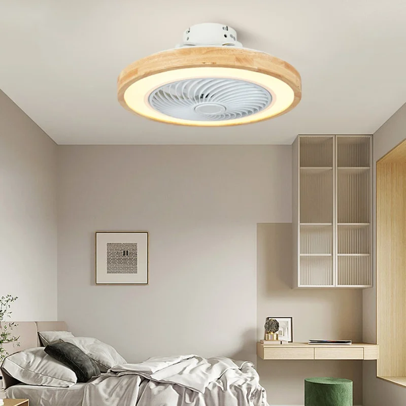220V Solid Wood Ceiling Fan Light Stepless Dimming Modern LED Lamp for Bedroom Kids Room, Remote + APP Control