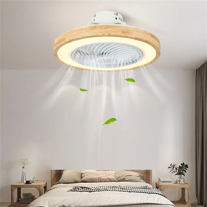 220V Solid Wood Ceiling Fan Light Stepless Dimming Modern LED Lamp for Bedroom Kids Room, Remote + APP Control