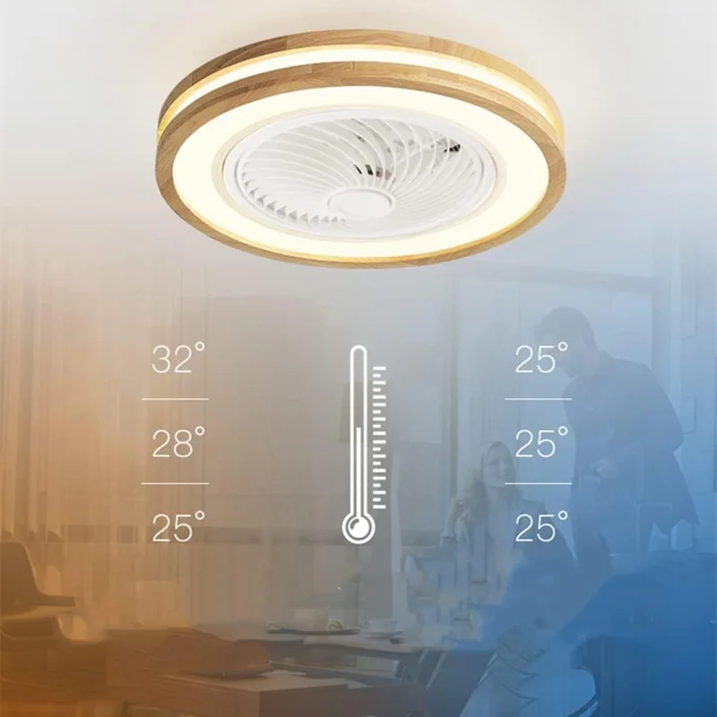 220V Dual Ring Solid Wood Ceiling Fan Light Stepless Dimming Modern LED Lamp for Bedroom Kids Room, Remote + APP Control