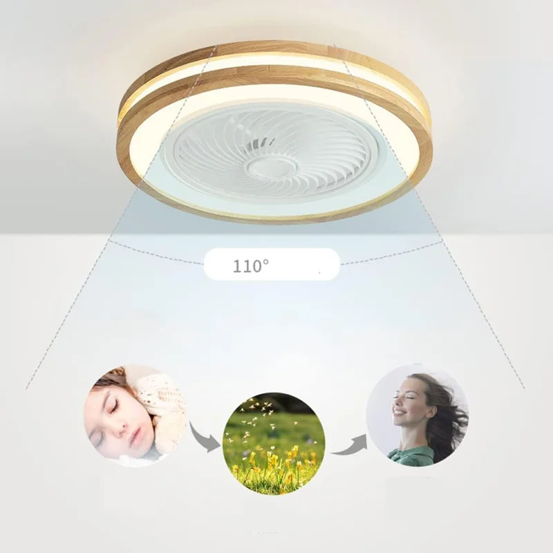 220V Dual Ring Solid Wood Ceiling Fan Light Stepless Dimming Modern LED Lamp for Bedroom Kids Room, Remote + APP Control