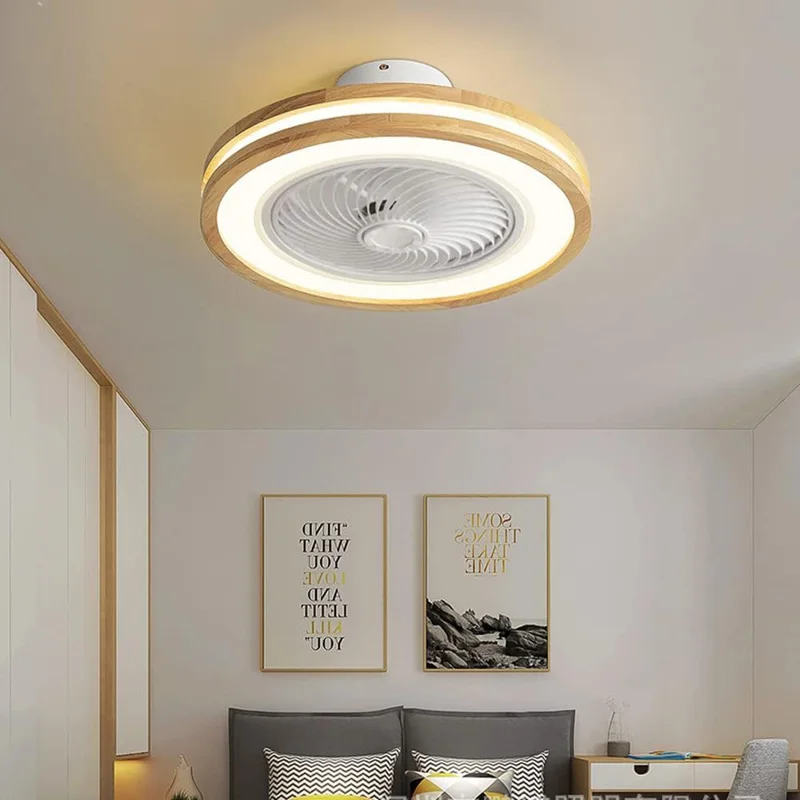 220V Dual Ring Solid Wood Ceiling Fan Light Stepless Dimming Modern LED Lamp for Bedroom Kids Room, Remote + APP Control