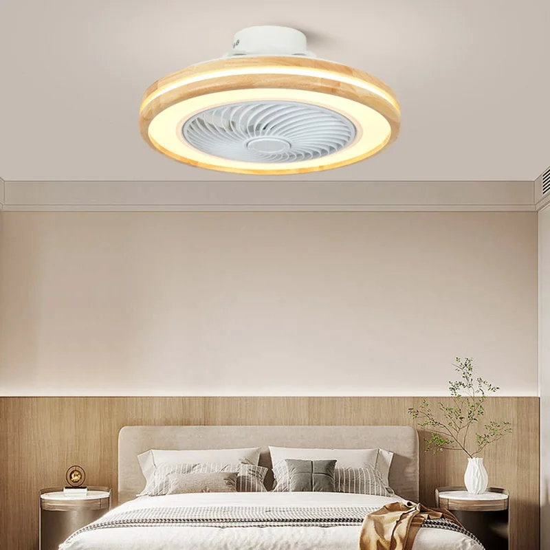 220V Dual Ring Solid Wood Ceiling Fan Light Stepless Dimming Modern LED Lamp for Bedroom Kids Room, Remote + APP Control