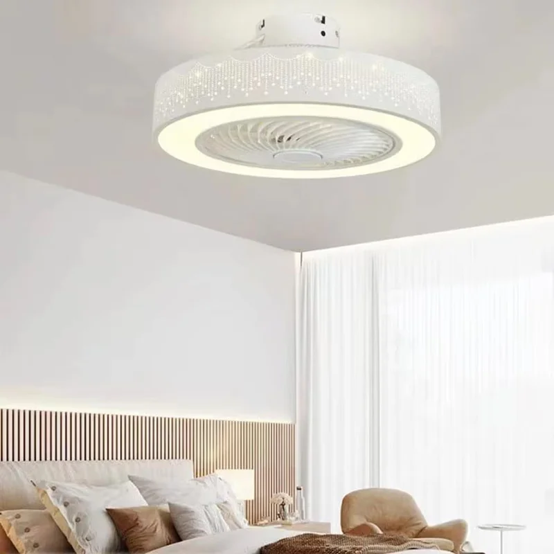 220V White Wood Ceiling Fan Light Stepless Dimming Modern LED Lamp for Bedroom Kids Room, Remote + APP Control