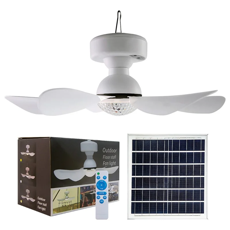 Ventilateur de plafond portable à éclairage solaire avec télécommande pour camping extérieur - 3 niveaux d'intensité