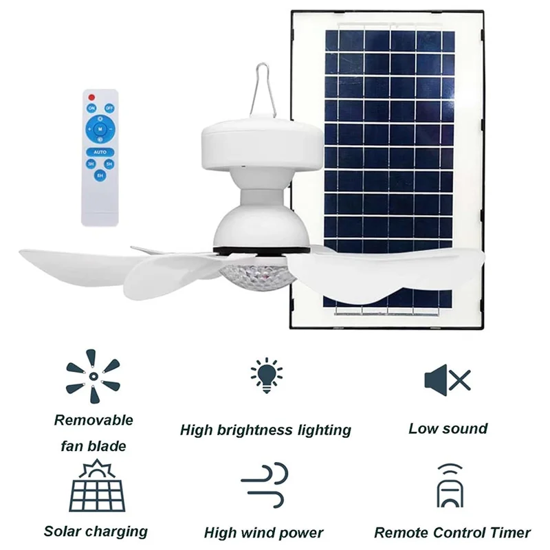 Ventilateur de plafond portable à éclairage solaire avec télécommande pour camping extérieur - 3 niveaux d'intensité
