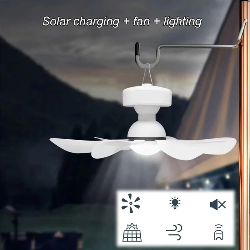 Ventilateur de plafond portable à éclairage solaire avec télécommande pour camping extérieur - 3 niveaux d'intensité