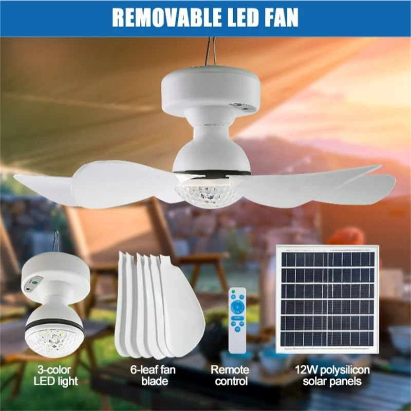 Ventilateur de plafond portable à éclairage solaire avec télécommande pour camping extérieur - 3 niveaux d'intensité