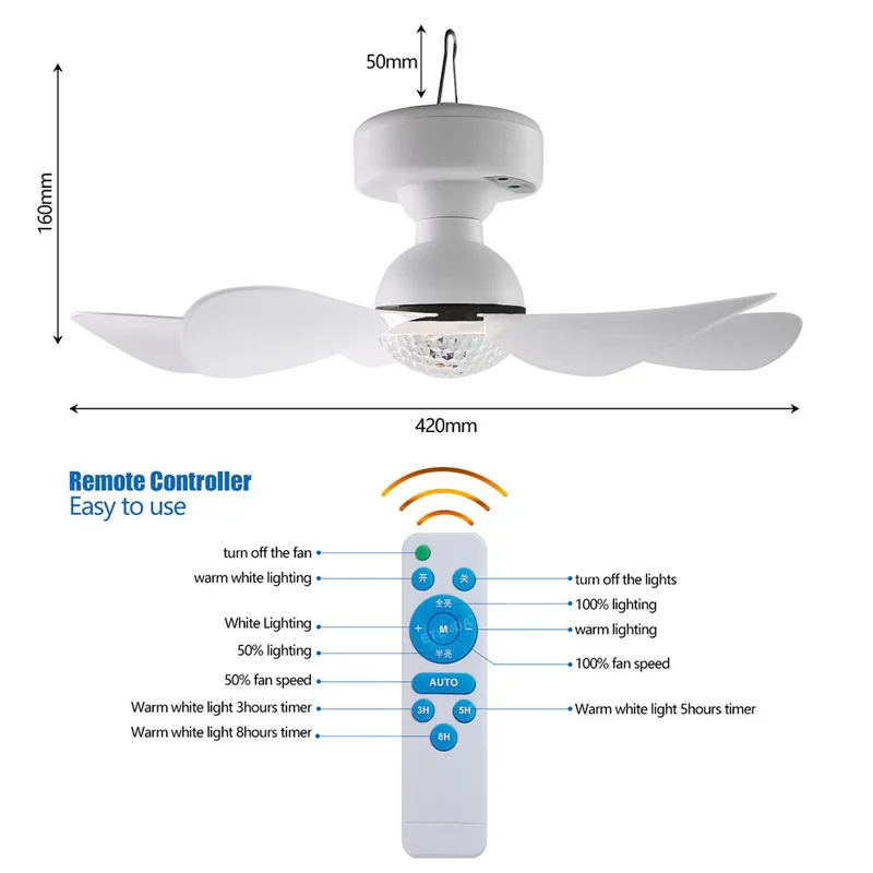 Ventilateur de plafond portable à éclairage solaire avec télécommande pour camping extérieur - 3 niveaux d'intensité