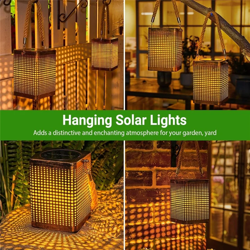 2 Peças de Lanternas Solares Externas com Arte em Ferro Oco Luzes Decorativas para Jardim e Pátio Pendentes