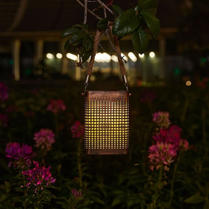 2 Peças de Lanternas Solares Externas com Arte em Ferro Oco Luzes Decorativas para Jardim e Pátio Pendentes
