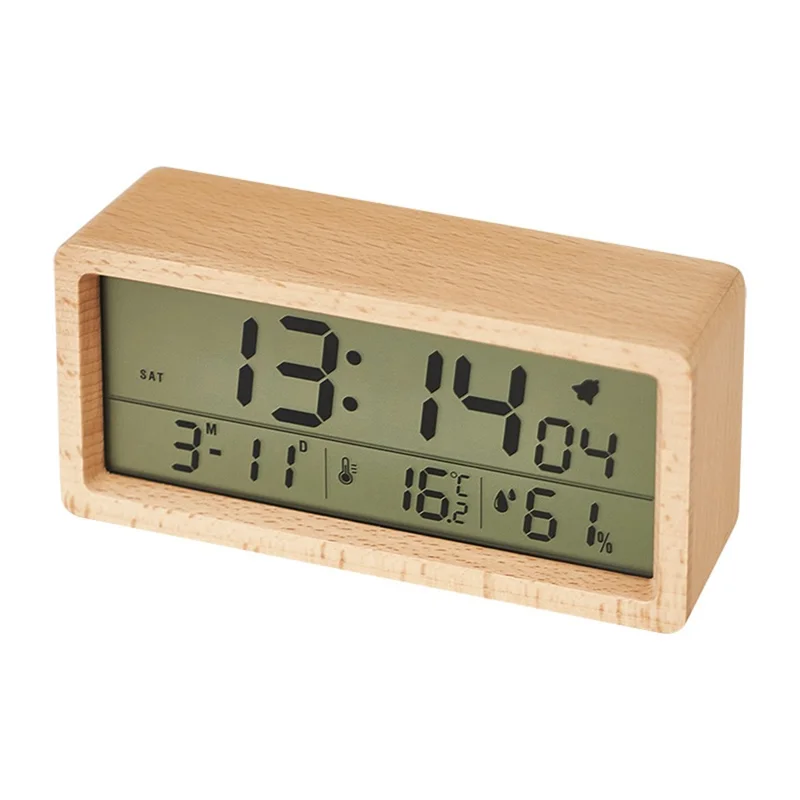 1906 Temperature and Humidity Luminous Alarm Clock Large LCD Screen Bedside Clock Creative Wooden Alarm Clock - Yellow
