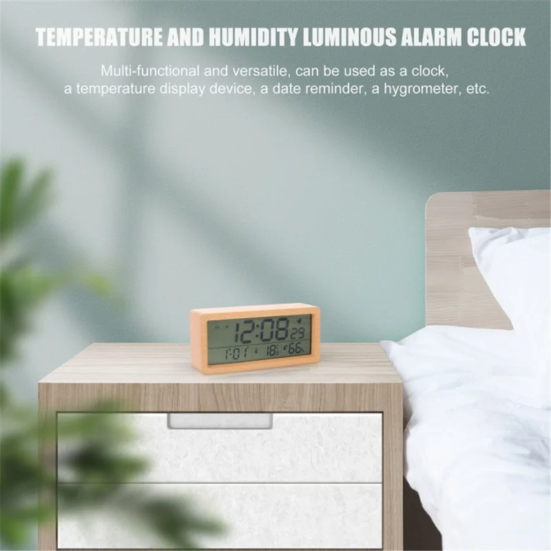 1906 Temperature and Humidity Luminous Alarm Clock Large LCD Screen Bedside Clock Creative Wooden Alarm Clock - Yellow