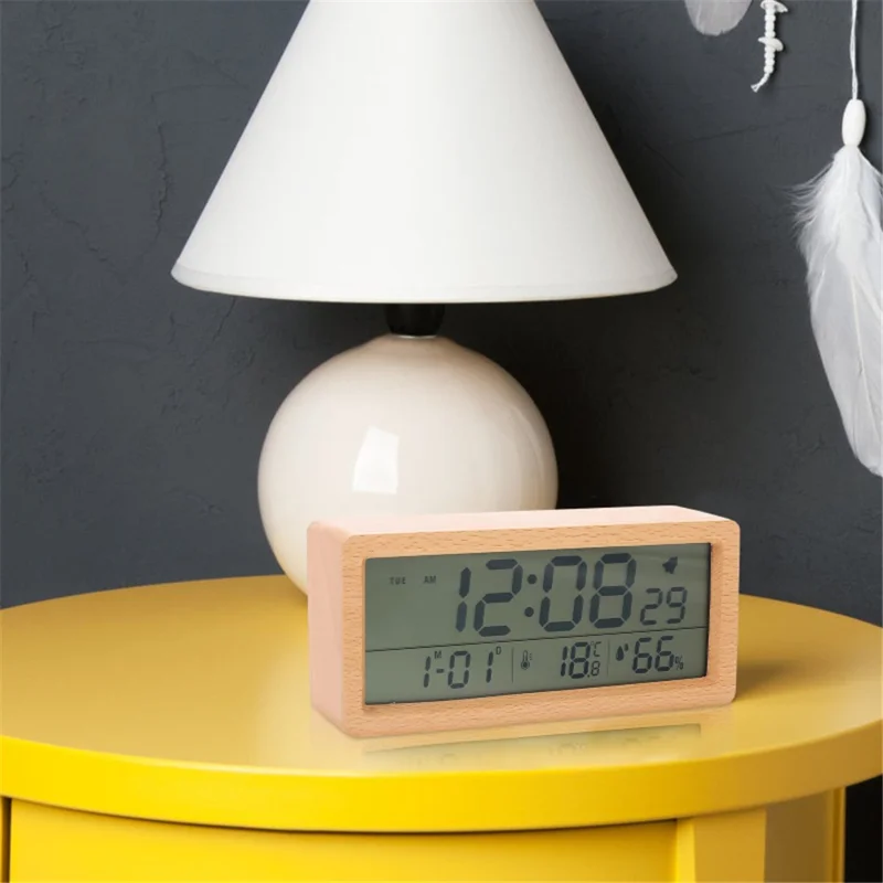 1906 Temperature and Humidity Luminous Alarm Clock Large LCD Screen Bedside Clock Creative Wooden Alarm Clock - Yellow