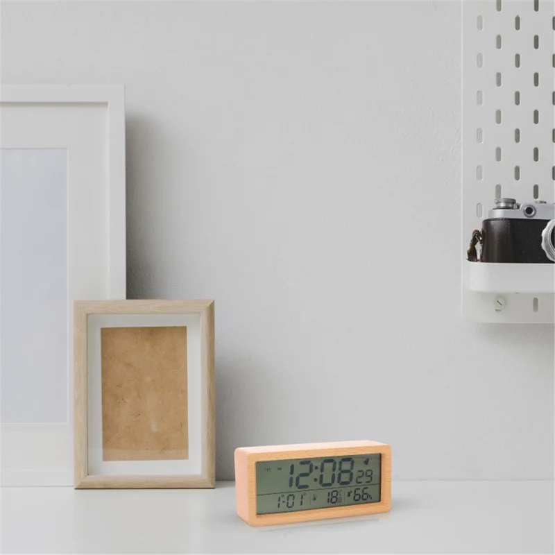 1906 Temperature and Humidity Luminous Alarm Clock Large LCD Screen Bedside Clock Creative Wooden Alarm Clock - Yellow