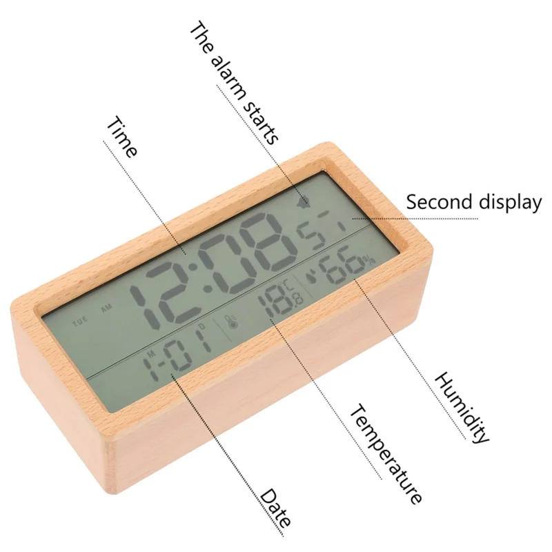 1906 Temperature and Humidity Luminous Alarm Clock Large LCD Screen Bedside Clock Creative Wooden Alarm Clock - Yellow