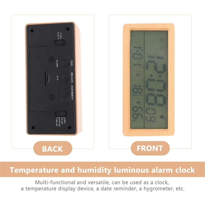 1906 Temperature and Humidity Luminous Alarm Clock Large LCD Screen Bedside Clock Creative Wooden Alarm Clock - Yellow