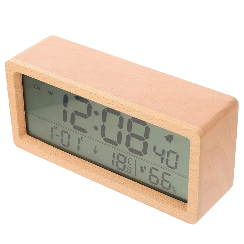 1906 Temperature and Humidity Luminous Alarm Clock Large LCD Screen Bedside Clock Creative Wooden Alarm Clock - Yellow