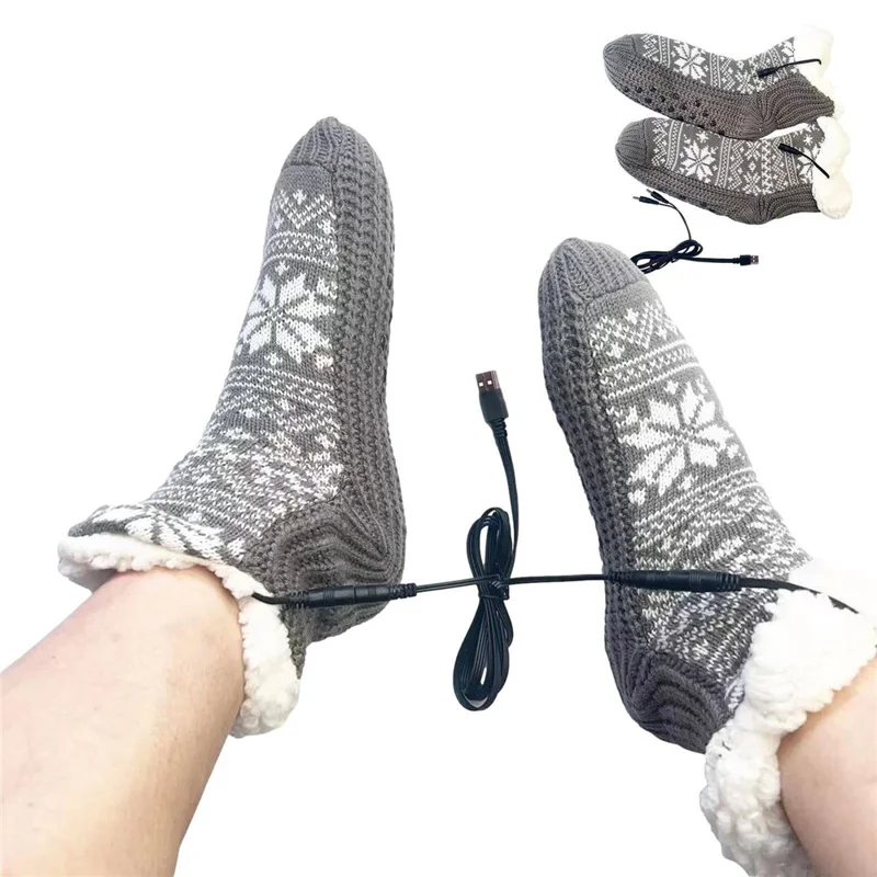Winter USB Heated Socks Christmas Snowflake Pattern Anti Slip Electric Heated Floor Socks - Grey