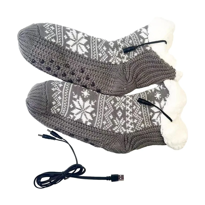 Winter USB Heated Socks Christmas Snowflake Pattern Anti Slip Electric Heated Floor Socks - Grey