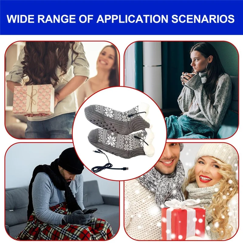 Winter USB Heated Socks Christmas Snowflake Pattern Anti Slip Electric Heated Floor Socks - Grey