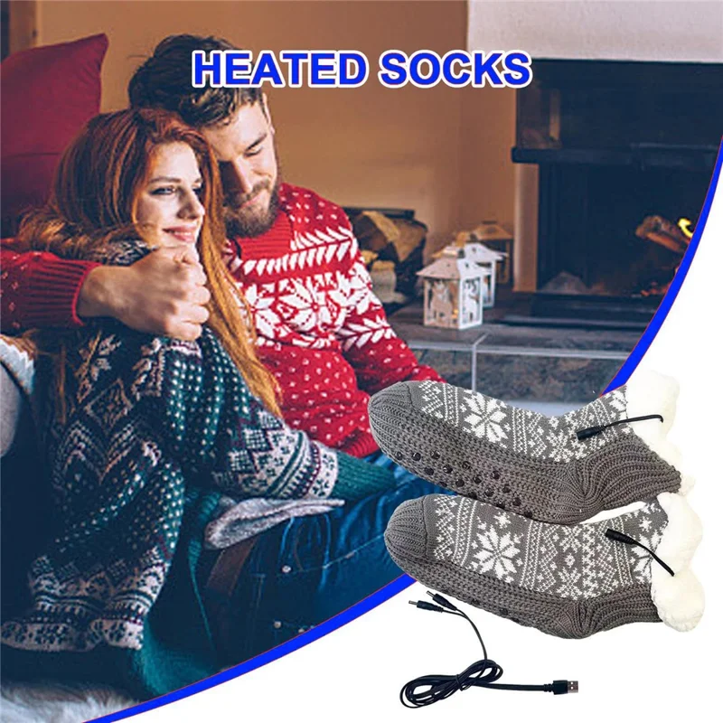 Winter USB Heated Socks Christmas Snowflake Pattern Anti Slip Electric Heated Floor Socks - Grey