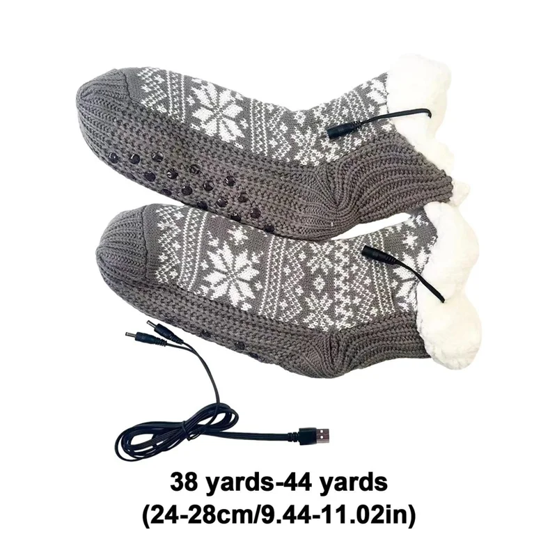 Winter USB Heated Socks Christmas Snowflake Pattern Anti Slip Electric Heated Floor Socks - Grey