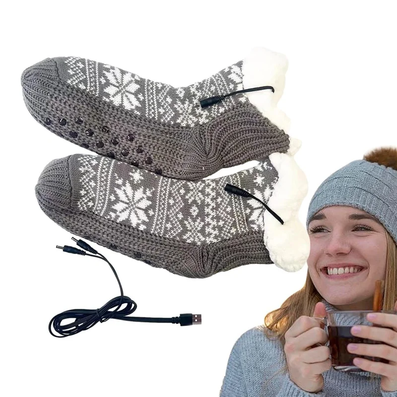 Winter USB Heated Socks Christmas Snowflake Pattern Anti Slip Electric Heated Floor Socks - Grey