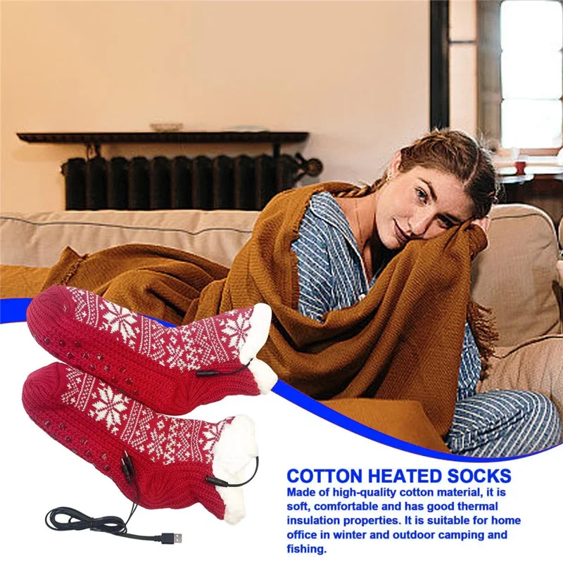 Winter USB Heated Socks Christmas Snowflake Pattern Anti Slip Electric Heated Floor Socks - Red