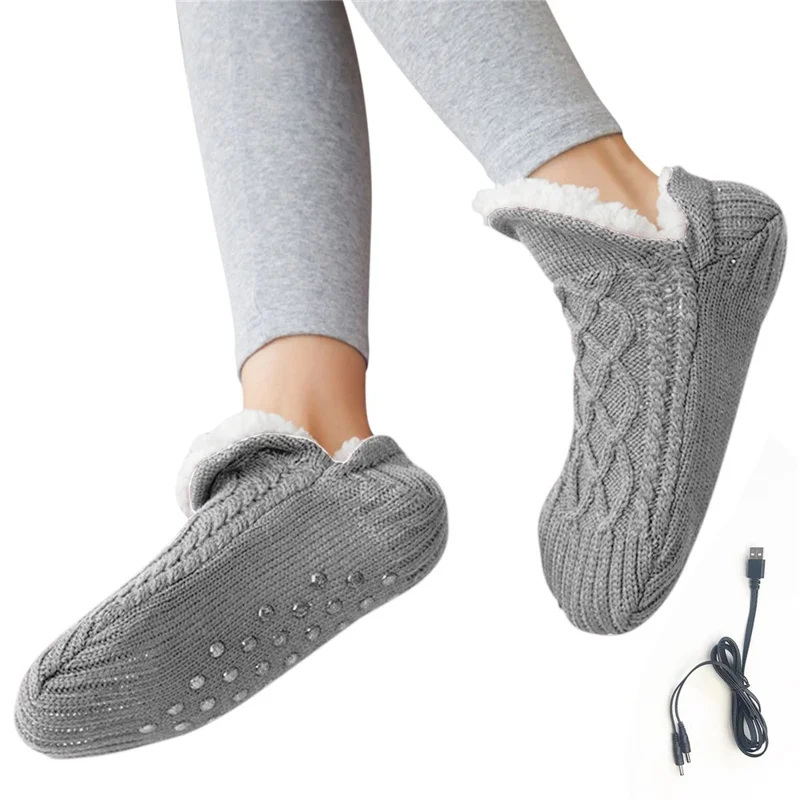 USB Heated Socks Soft Fleece Winter Warm Floor Slippers Solid Color Electric Heating Footwear - Grey