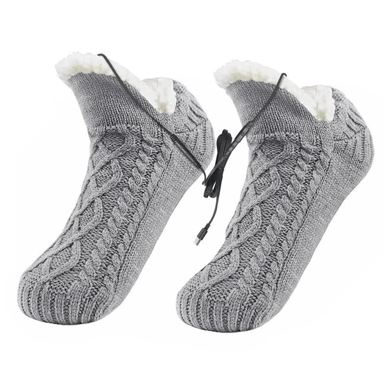 USB Heated Socks Soft Fleece Winter Warm Floor Slippers Solid Color Electric Heating Footwear - Grey