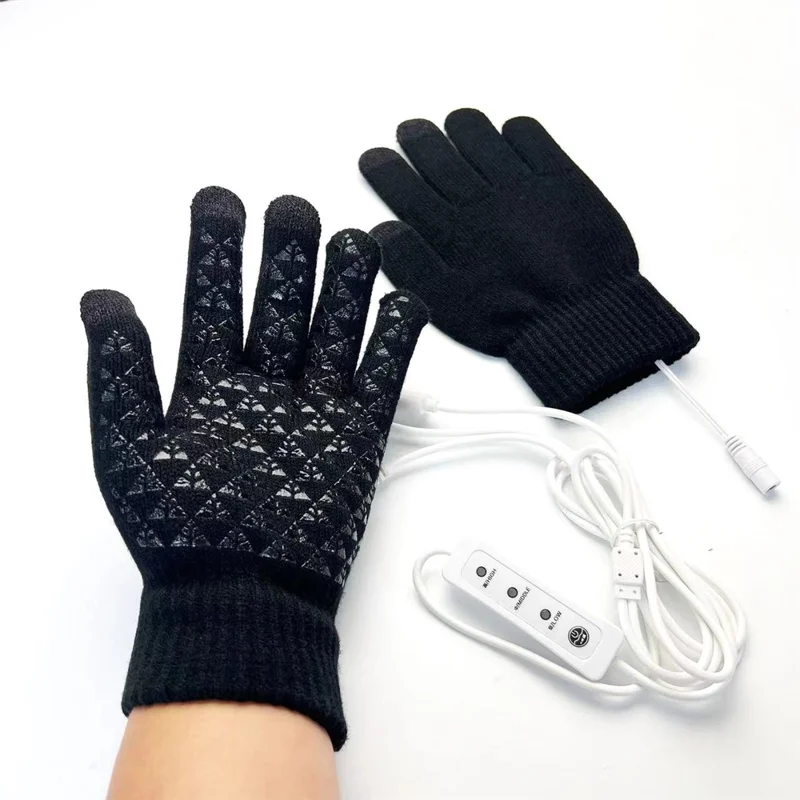 USB Heated Knit Gloves for Winter 3 Temperature Levels Adjustable Touch Screen Full Finger Mittens - Black