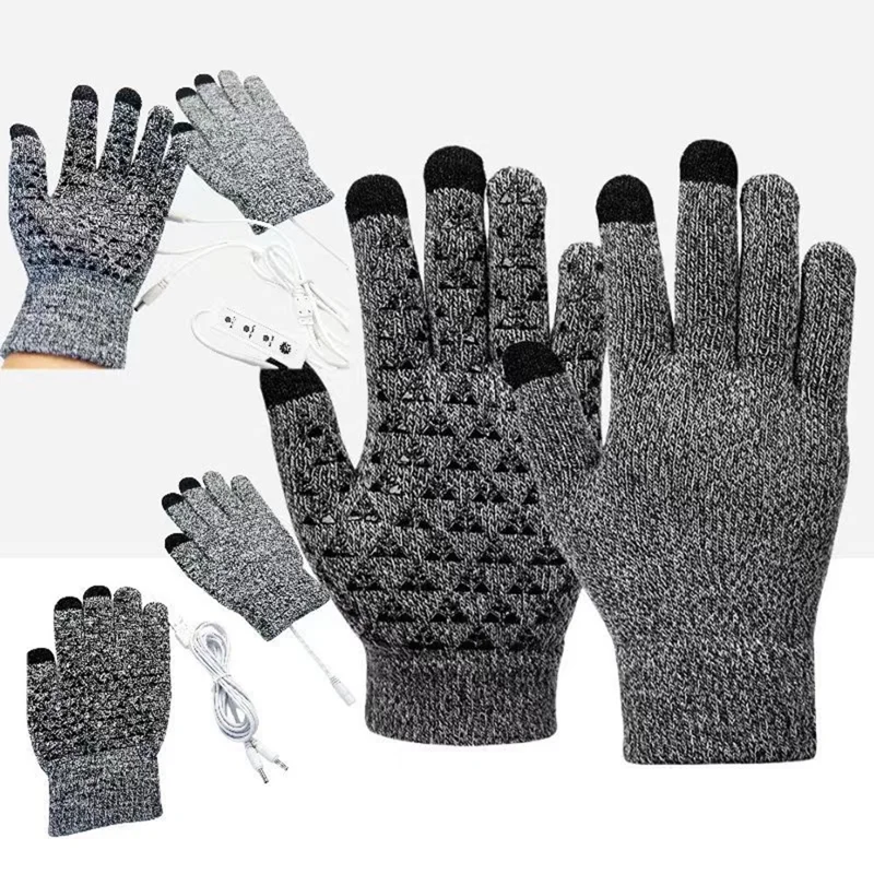 USB Heated Knit Gloves for Winter 3 Temperature Levels Adjustable Touch Screen Full Finger Mittens - Black