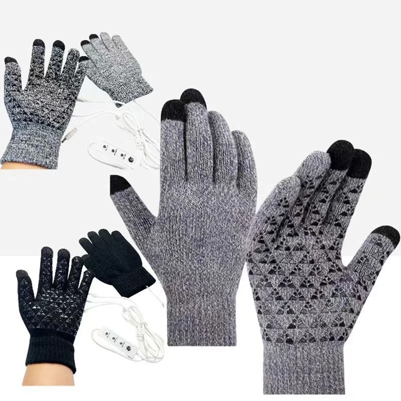 USB Heated Knit Gloves for Winter 3 Temperature Levels Adjustable Touch Screen Full Finger Mittens - Black