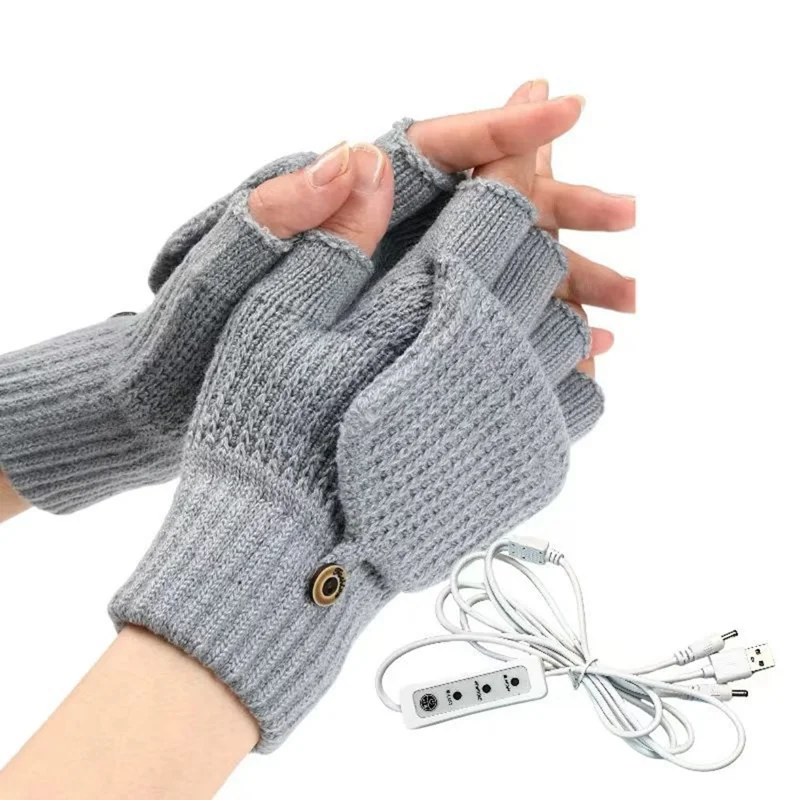 Flip Top Striped Knit Gloves 3 Temperature Levels USB Heated Winter Half Finger Mittens - Light Grey
