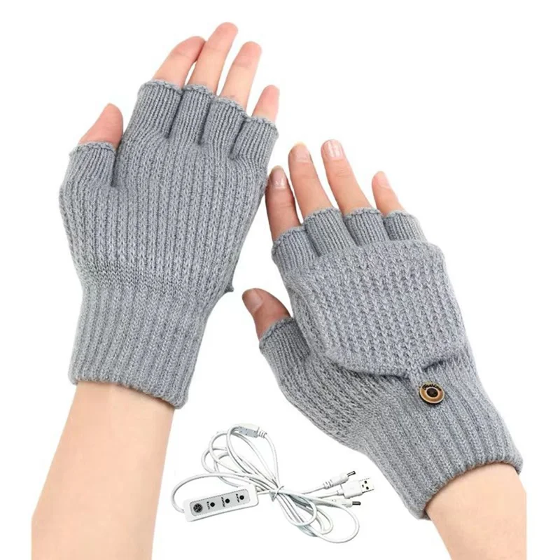 Flip Top Striped Knit Gloves 3 Temperature Levels USB Heated Winter Half Finger Mittens - Light Grey