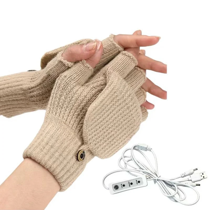 Flip Top Striped Knit Gloves 3 Temperature Levels USB Heated Winter Half Finger Mittens - Apricot