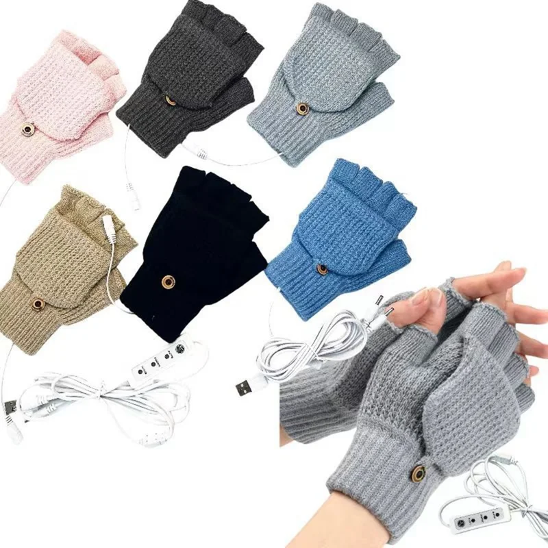 Flip Top Striped Knit Gloves 3 Temperature Levels USB Heated Winter Half Finger Mittens - Apricot