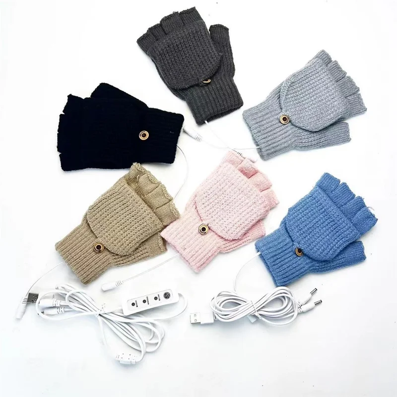 Flip Top Striped Knit Gloves 3 Temperature Levels USB Heated Winter Half Finger Mittens - Apricot