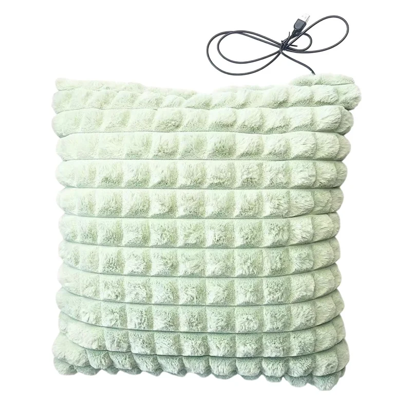 USB Heated Lumbar Support Faux Rabbit Fur Pillow Pain Relief Back Cushion for Home Office - Matcha Green
