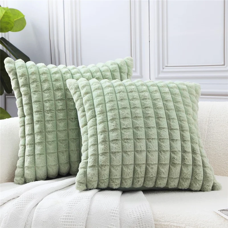USB Heated Lumbar Support Faux Rabbit Fur Pillow Pain Relief Back Cushion for Home Office - Matcha Green