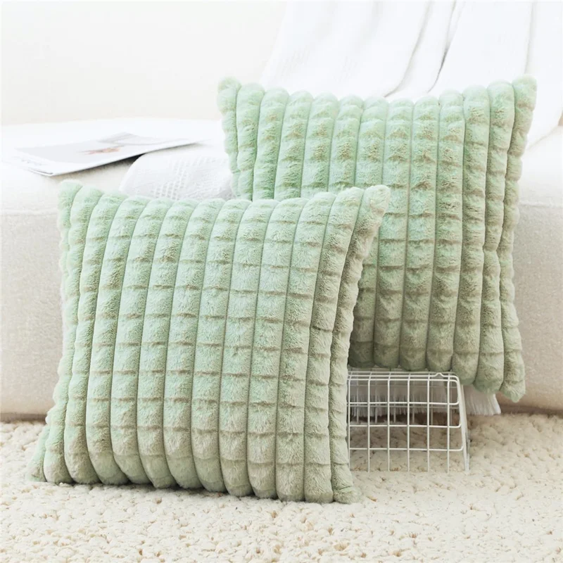 USB Heated Lumbar Support Faux Rabbit Fur Pillow Pain Relief Back Cushion for Home Office - Matcha Green