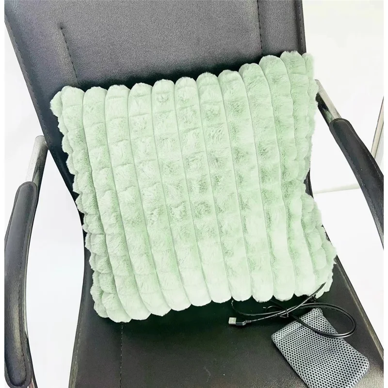 USB Heated Lumbar Support Faux Rabbit Fur Pillow Pain Relief Back Cushion for Home Office - Matcha Green