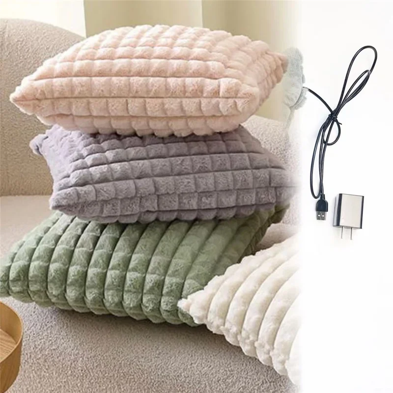 USB Heated Lumbar Support Faux Rabbit Fur Pillow Pain Relief Back Cushion for Home Office - Matcha Green