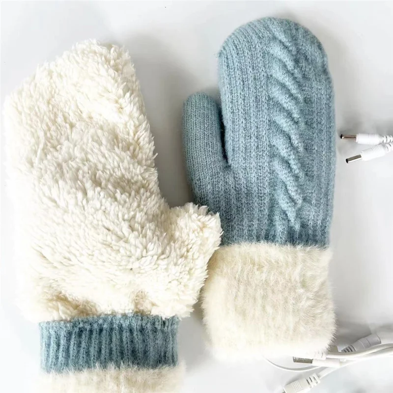 Gants chauffants USB à 3 niveaux de température, design en tricot, doublés de polaire, moufles électriques - Bleu