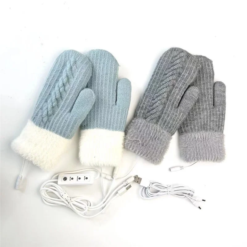 Gants chauffants USB à 3 niveaux de température, design en tricot, doublés de polaire, moufles électriques - Bleu