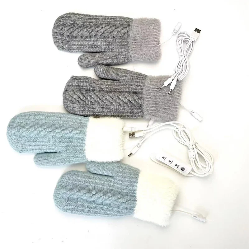 Gants chauffants USB à 3 niveaux de température, design en tricot, doublés de polaire, moufles électriques - Bleu