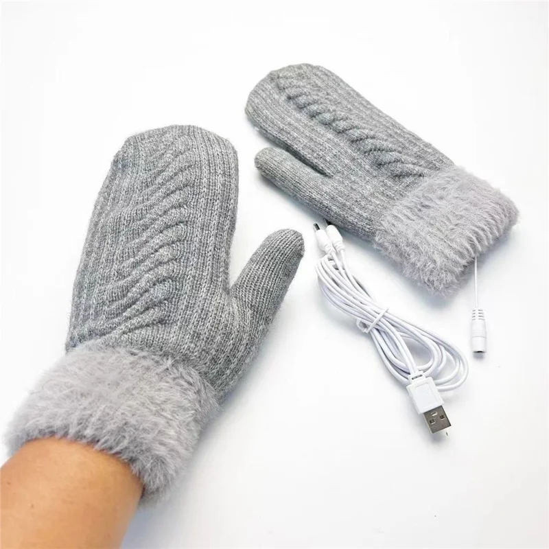 USB-Beheizte Handschuhe mit Konstanttemperatur, Zopfstrickmuster und Fleecefutter - Grau