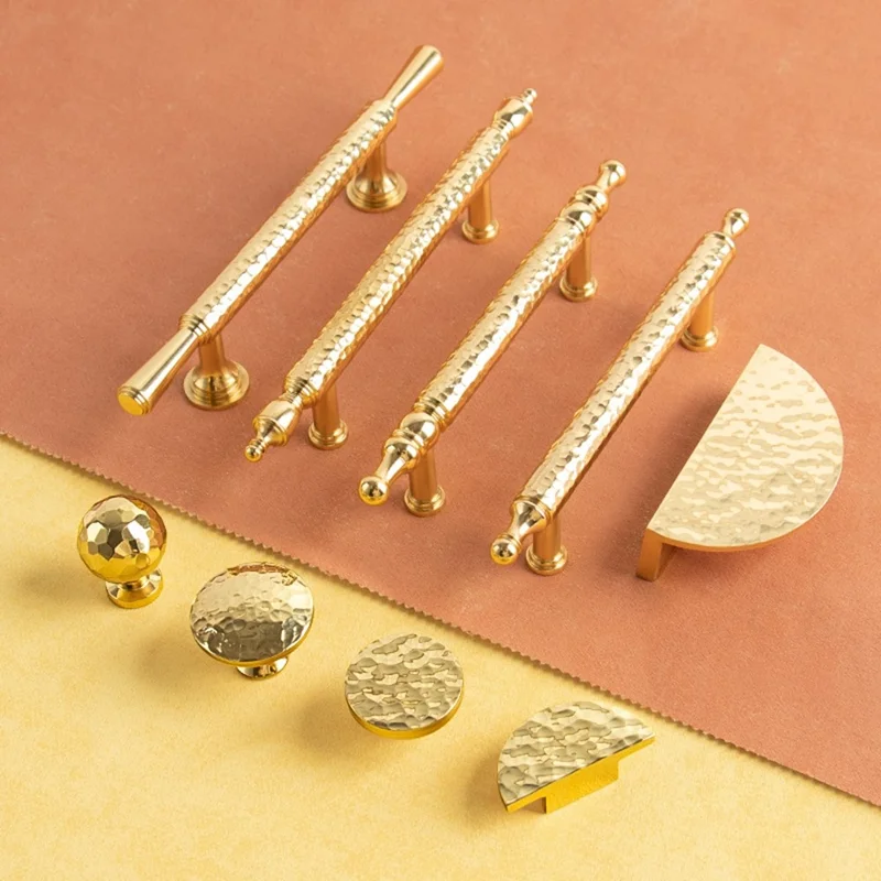 Brass French Cabinet Handles, 128mm Hole Center 6167 Hammered Texture Wardrobe Drawer Pulls - Gold