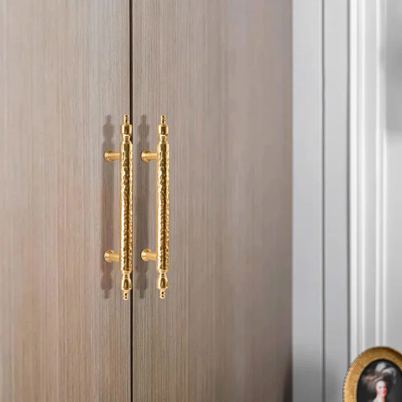 Brass French Cabinet Handles 128mm Hole Center 6168 Hammered Pattern Wardrobe Drawer Pulls - Gold